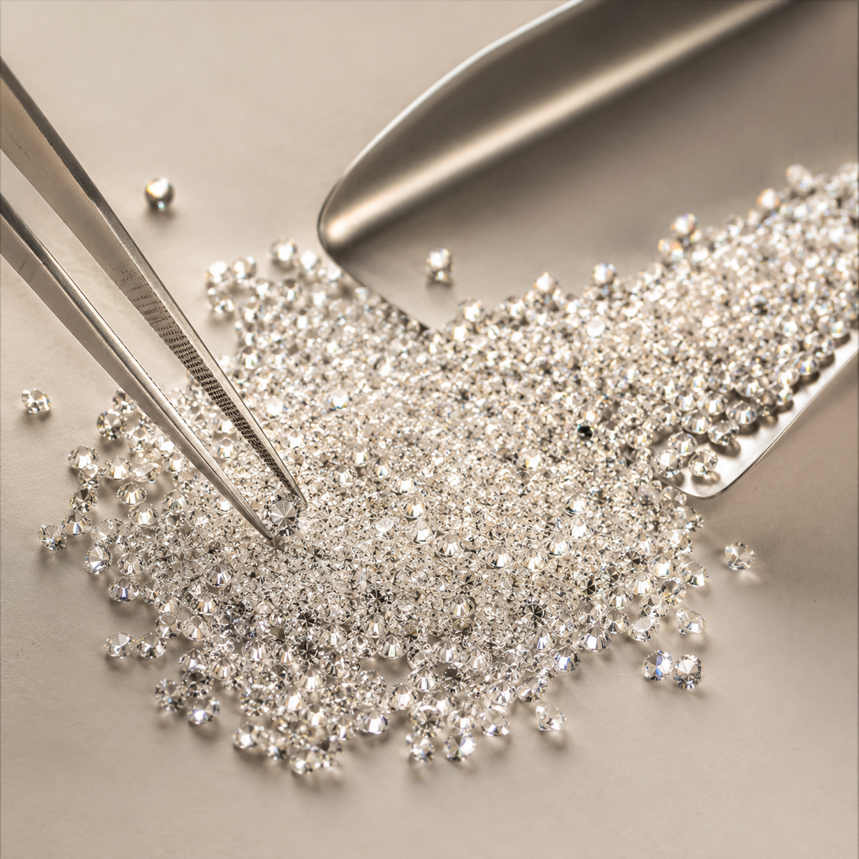 Kalibrierte Melee-Diamanten mit Pinzette und Schaufel